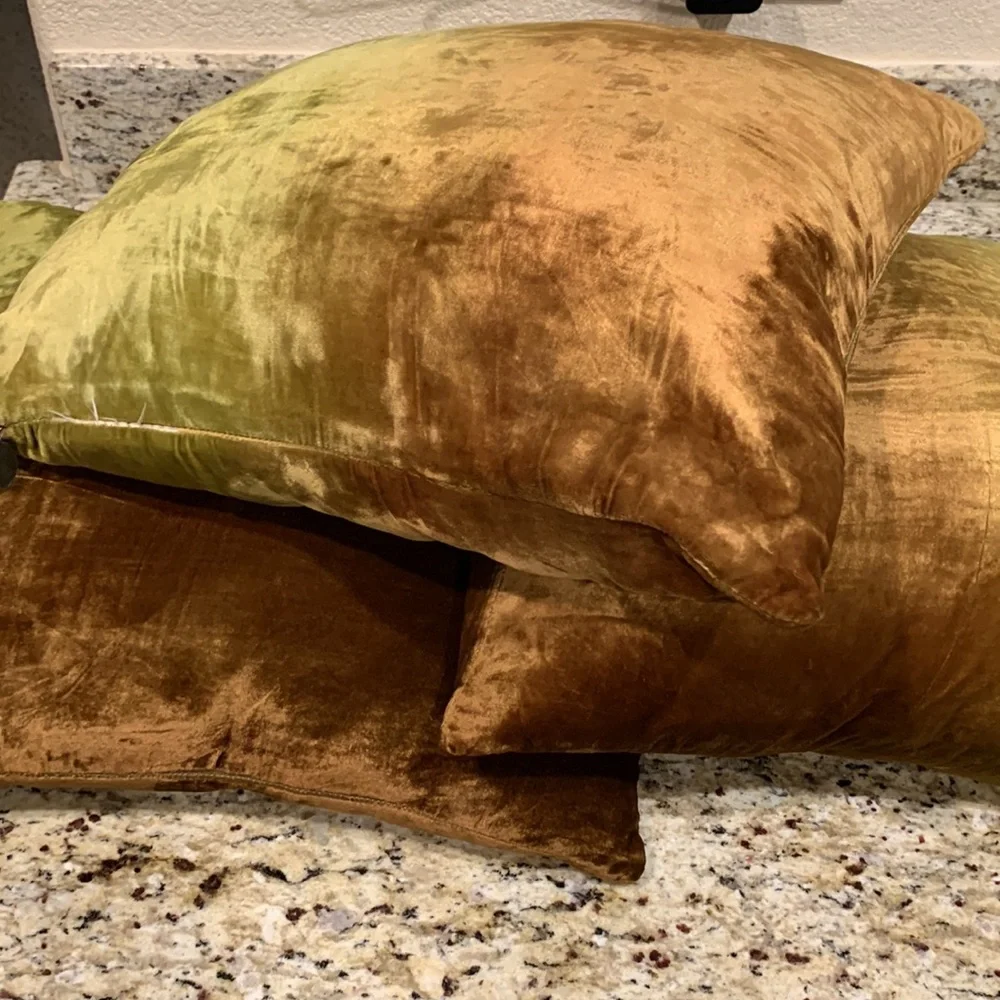 Pier One Velvet Two Color Green Brown Square Decorative Pillow Set